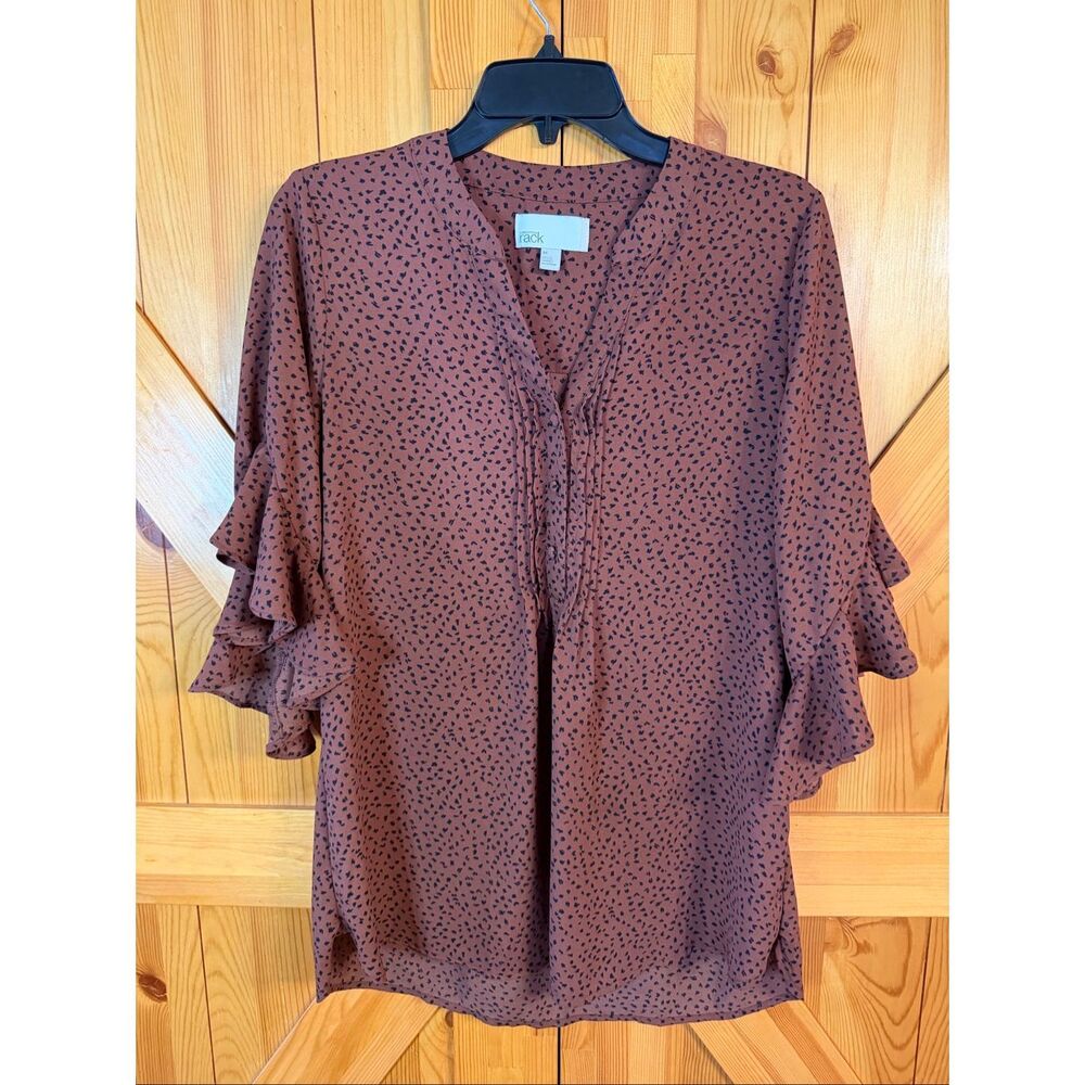 Nordstrom Rack Brown Animal Print 3/4 Ruffle Sleeve Pullover Blouse Size Medium